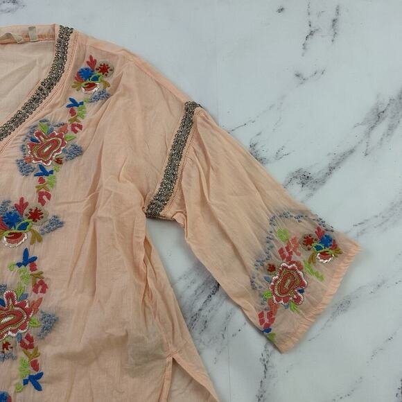 Soft Surroundings Embroidered Blouse Top Size M Orange Blue Beaded Boho Floral - Picture 3 of 13